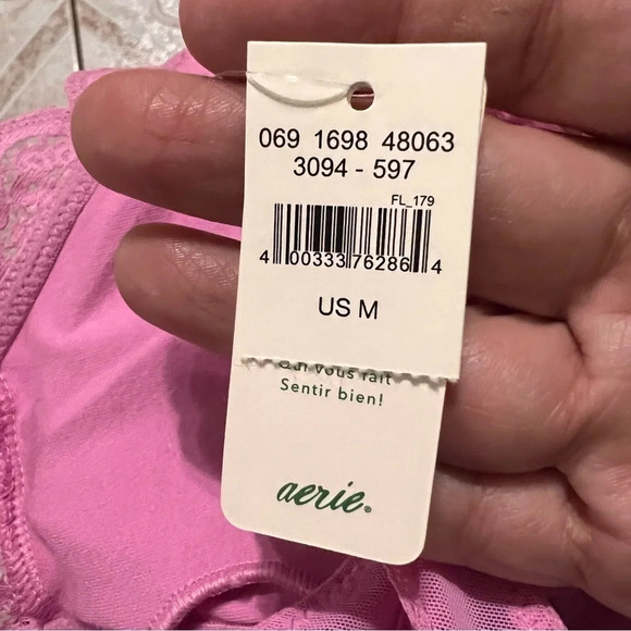 AE Aerie Pink Lace Wireless Bralette Pink Floral Crop Top Sheer Mesh Medium - Picture 5 of 6